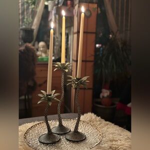 Vintage Palm Tree Candleholders Set of 3 • Heavy Cast Metal • Tropical Luxe 🌴